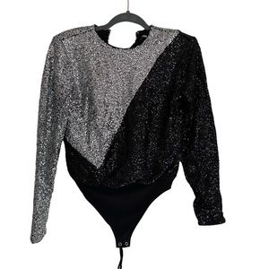 Express Size XS Black and Silver sequin long sleeve keyhole back bodysuit